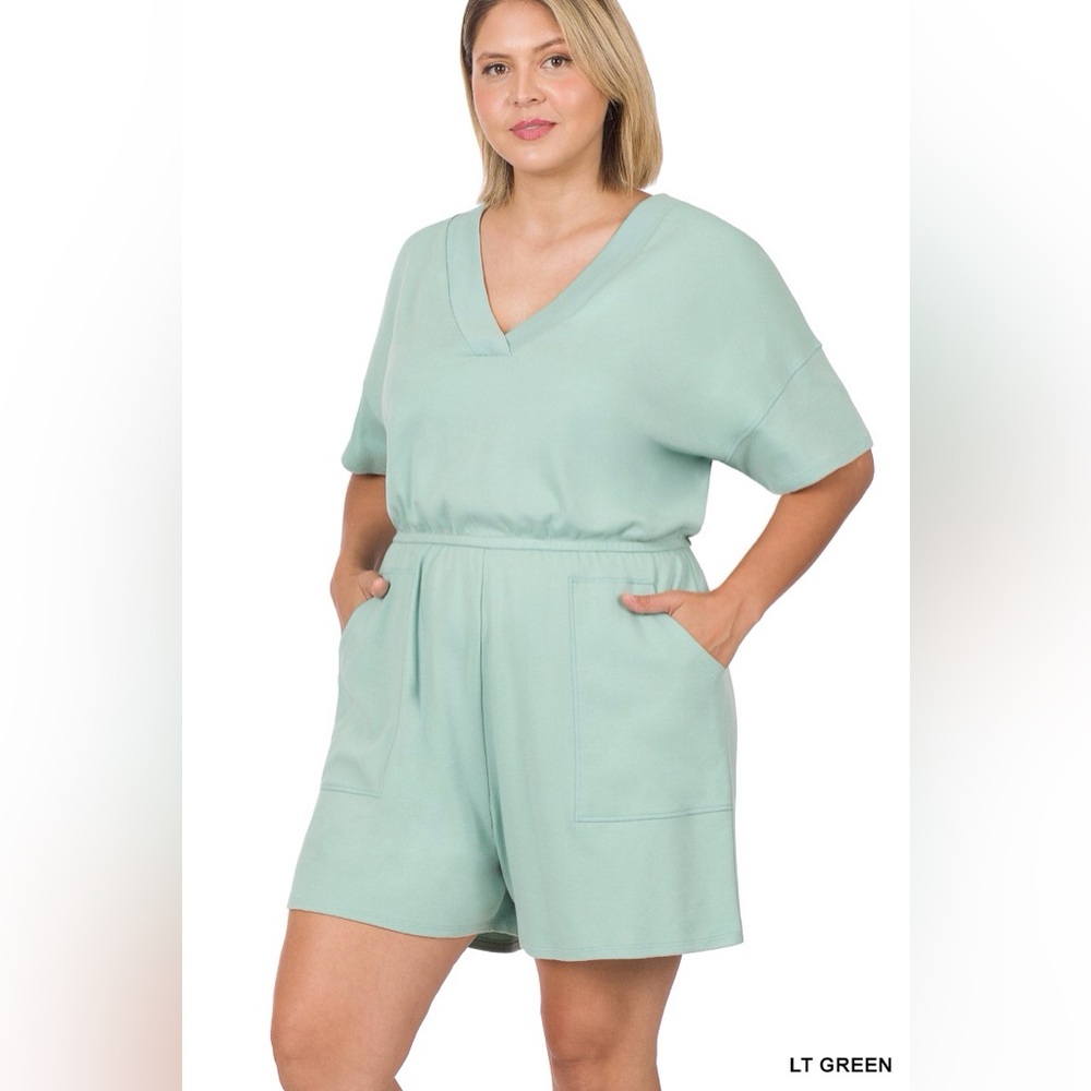 #2 PLUS SIZE LIGHT GREEN V NECK ROMPER WITH POCKETS - Picture 1 of 1